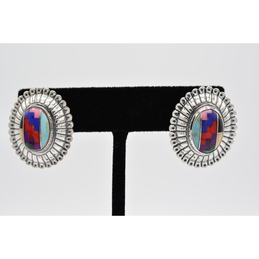 QT Quoc Vintage Dangle Stone Inlay Earrings Sterling Silver Navajo Tribal 9H